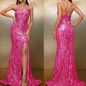Luxe slit thigh party wedding prom gown sequins dress